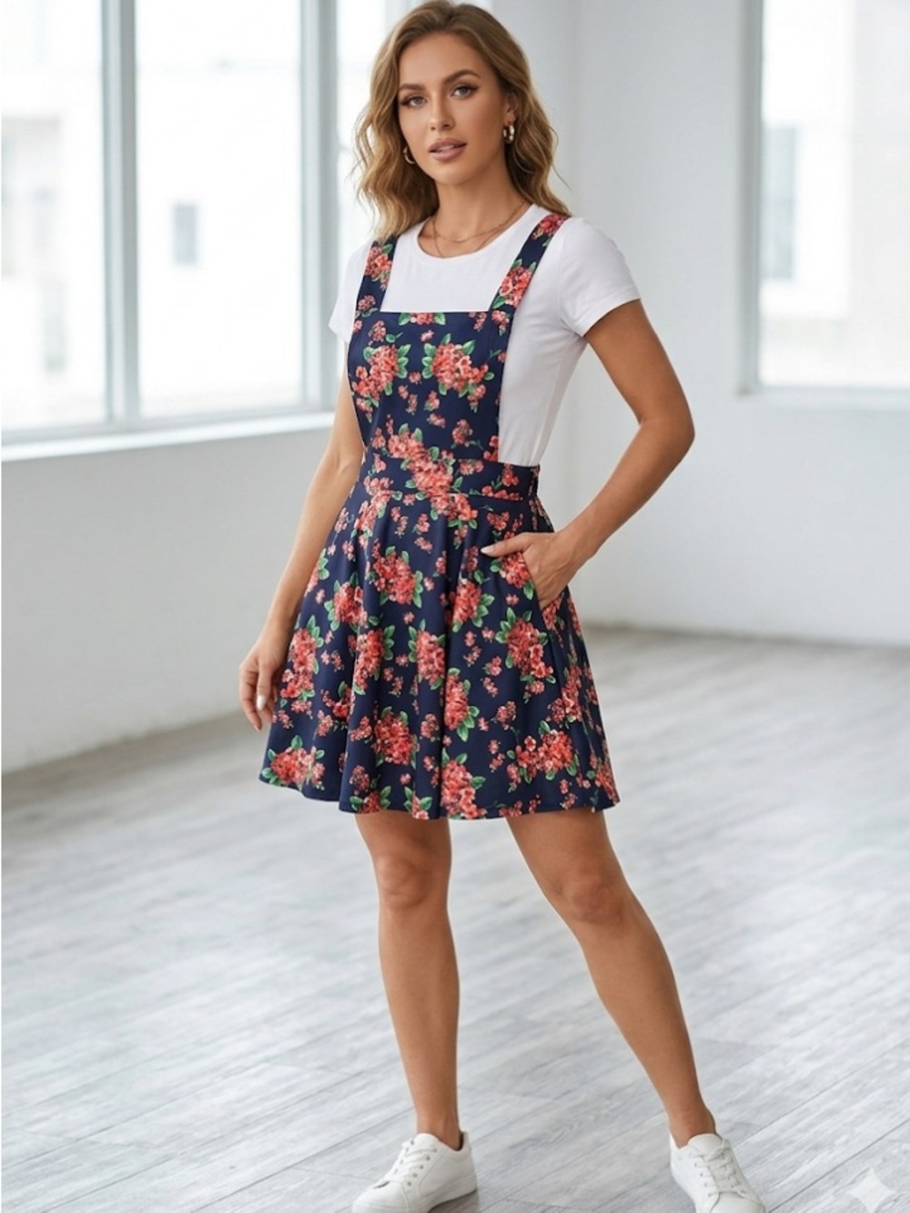 Forever 21 Navy Floral Pinafore with Red and Green Blossom Print